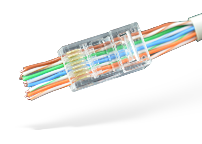 Connettori RJ45 per rete Ethernet a crimpare con cavo passante